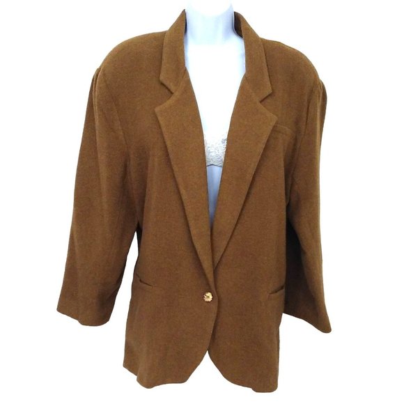 Vintage 80s Carissa Jeffrey Blazer Relaxed 1button Jacket -16 Wool Blend Mustard - Picture 2 of 10